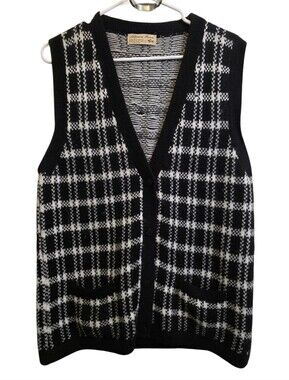 Alpaca Fina Black & White Plaid Handmade Soft Sweater Vest Buttons & Pockets L